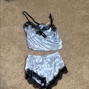 Fashion Nova Satin Blue and Black Lace Pajama Set